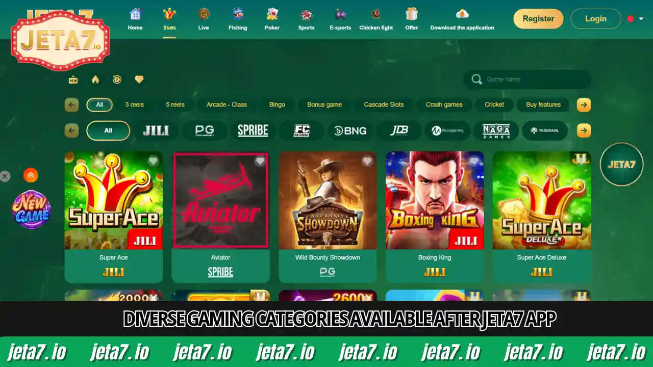 Diverse gaming categories available after Jeta7 app